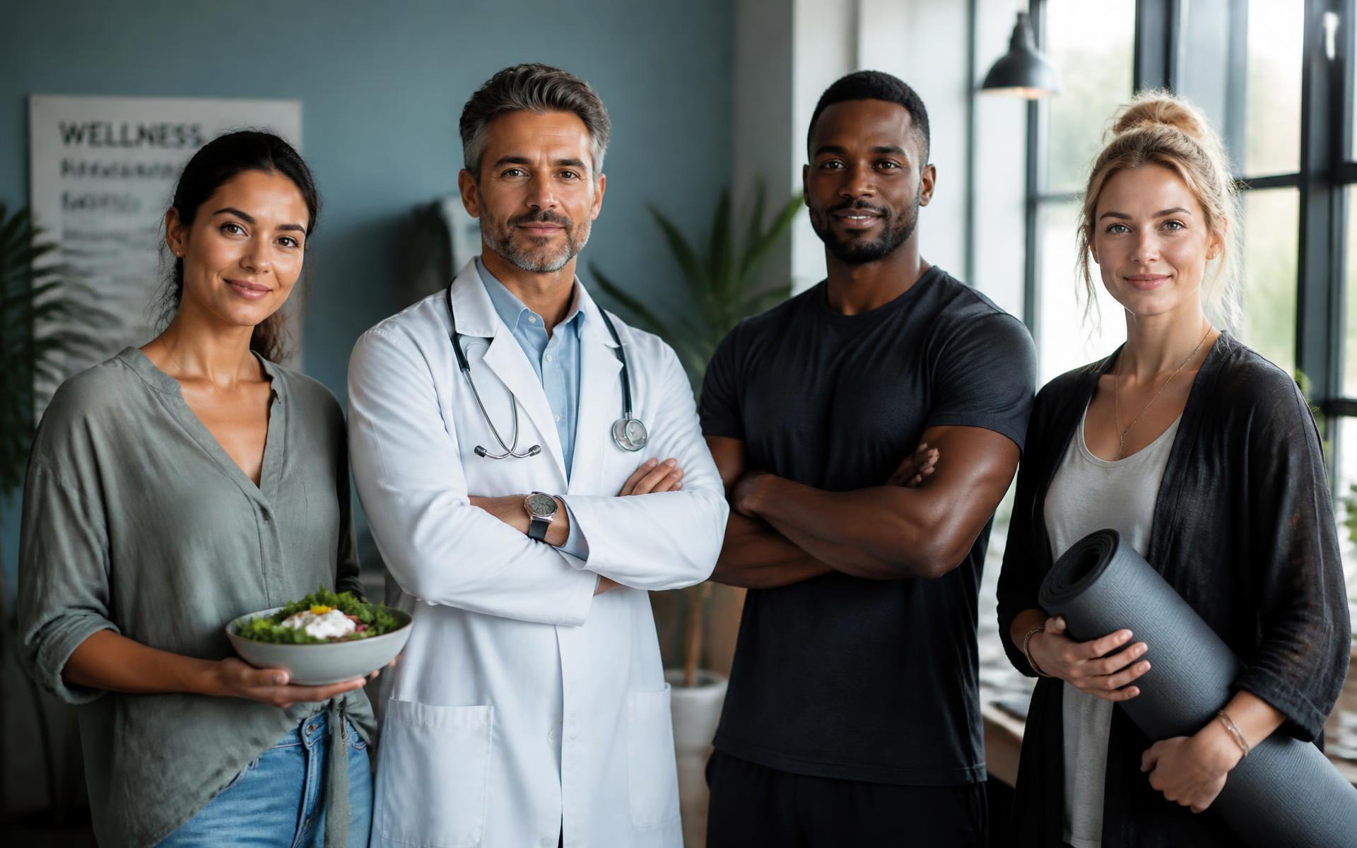 Diverse group of health, fitness and wellness professionals in a bright modern studio